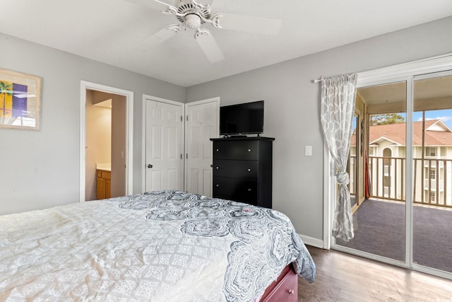 bedroom featuring ceiling fan, hardwood / wood-style floors, and access to outside