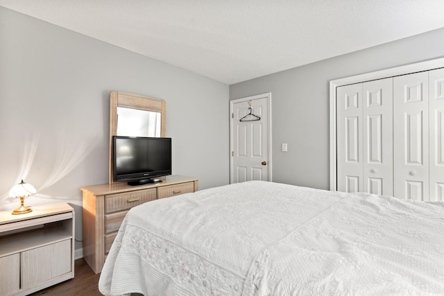 bedroom with dark hardwood / wood-style floors and a closet