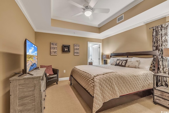 bedroom featuring carpet floors, crown molding, visible vents, and baseboards