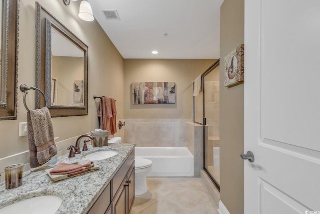 bathroom featuring a sink, tile patterned flooring, visible vents, a garden tub, and a stall shower