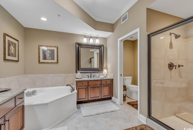 full bath with vanity, a shower stall, toilet, and visible vents