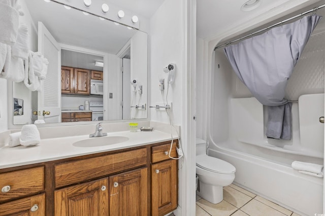 full bathroom with shower / bathtub combination with curtain, tile patterned floors, toilet, and vanity