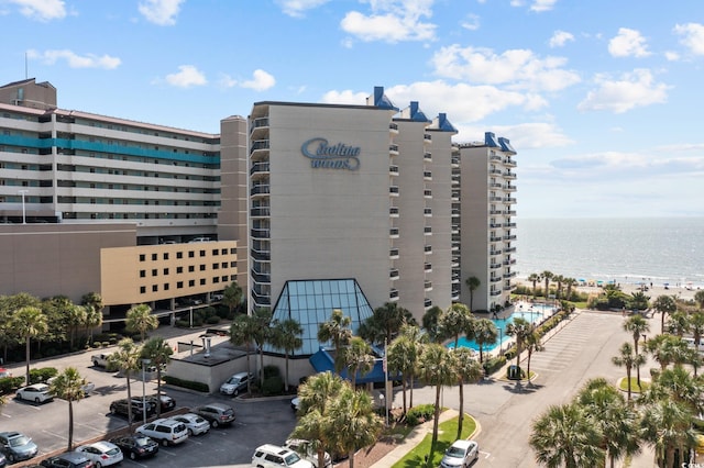 view of building exterior with a water view