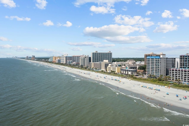 bird's eye view with a view of the beach and a water view