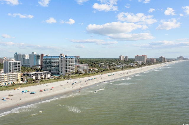 aerial view featuring a water view and a beach view