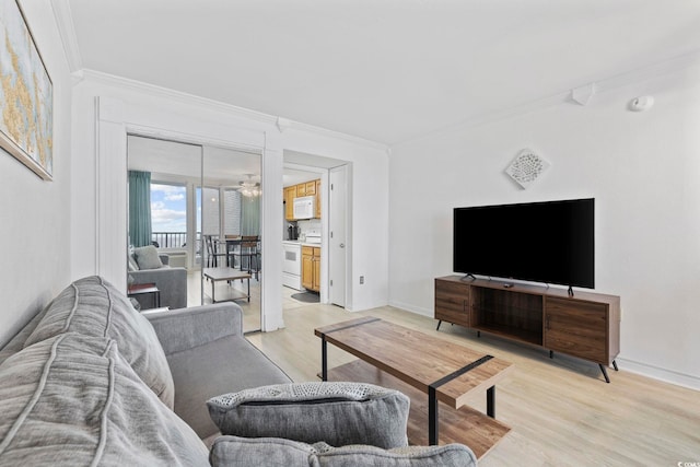 living room with ornamental molding and light hardwood / wood-style flooring