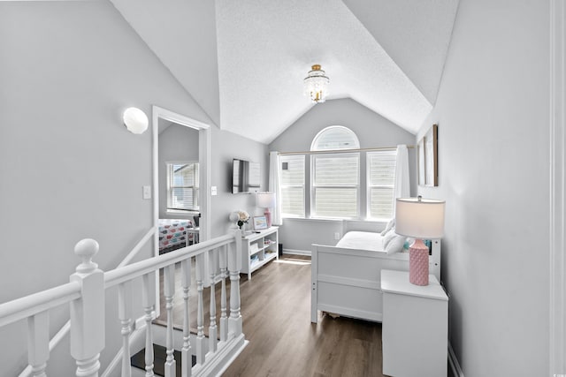 bedroom featuring lofted ceiling, multiple windows, dark hardwood / wood-style flooring, and a textured ceiling