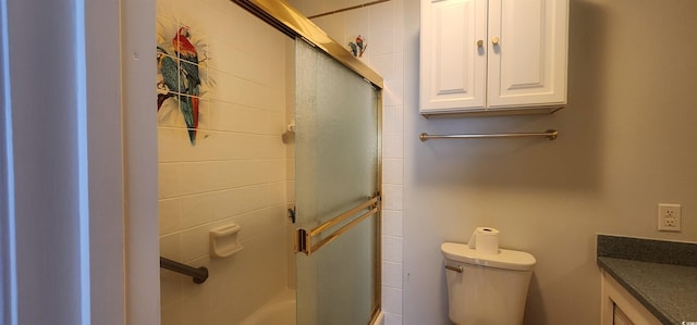 bathroom with vanity, toilet, and a shower with shower door