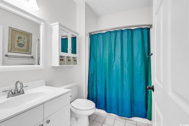 bathroom featuring vanity, tile patterned floors, toilet, and walk in shower