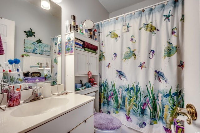 full bathroom featuring vanity, shower / bath combination with curtain, and toilet