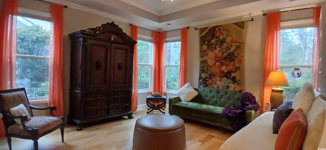 living area with ornamental molding and light hardwood / wood-style flooring