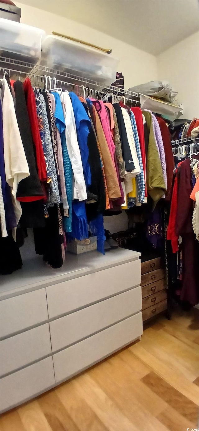 walk in closet with light wood-type flooring