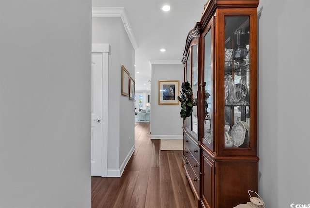 hallway featuring dark hardwood / wood-style flooring and crown molding