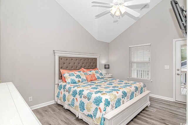 6001-1383 S Kings Hwy, Myrtle Beach, SC 29575 - bedroom featuring a ceiling fan, baseboards, wood finished floors, and high vaulted ceiling