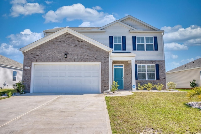 view of front facade featuring brick siding, an attached garage, concrete driveway, and a front lawn