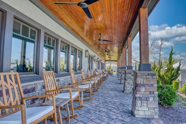 view of patio / terrace featuring outdoor dry bar and a ceiling fan