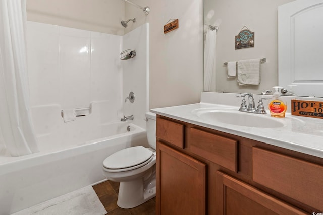 full bath with tile patterned flooring, vanity, toilet, and shower / bath combo with shower curtain