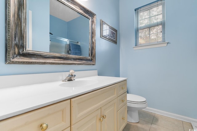 bathroom featuring walk in shower, tile patterned floors, vanity, and toilet