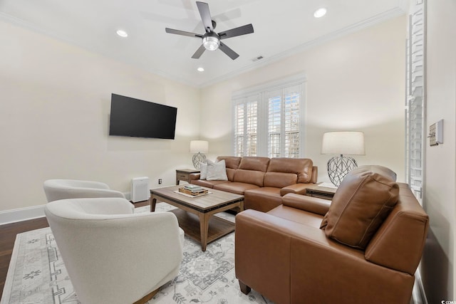 1188 Peterson St, Myrtle Beach, SC 29577 - living area featuring ceiling fan, recessed lighting, light wood finished floors, baseboards, and ornamental molding