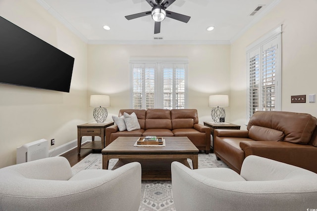 1188 Peterson St, Myrtle Beach, SC 29577 - living room featuring a ceiling fan, baseboards, wood finished floors, plenty of natural light, and recessed lighting