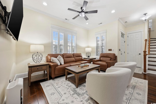 1188 Peterson St, Myrtle Beach, SC 29577 - living area featuring stairs, wood-type flooring, ceiling fan, recessed lighting, and ornamental molding