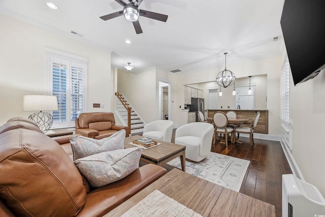 1188 Peterson St, Myrtle Beach, SC 29577 - living room with a ceiling fan, dark wood-type flooring, recessed lighting, a chandelier, and baseboards