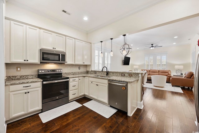 1188 Peterson St, Myrtle Beach, SC 29577 - kitchen with stainless steel appliances, a sink, a peninsula, ceiling fan, and crown molding