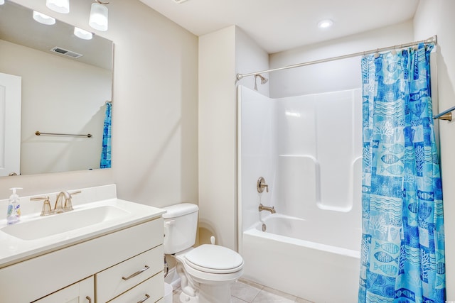 full bathroom with tile patterned flooring, vanity, shower / tub combo with curtain, and toilet