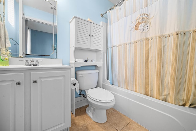 bathroom with vanity, tile patterned flooring, toilet, and shower / bathtub combination with curtain