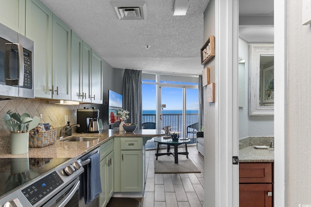 kitchen featuring backsplash, green cabinets, expansive windows, stainless steel appliances, and a sink