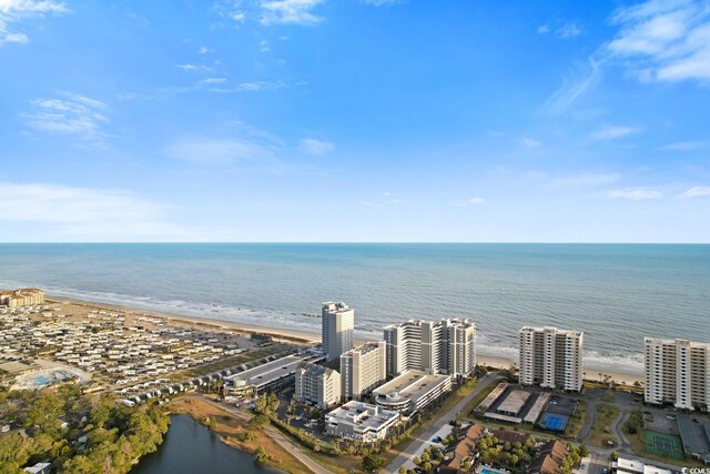 drone / aerial view with a water view and a view of the beach