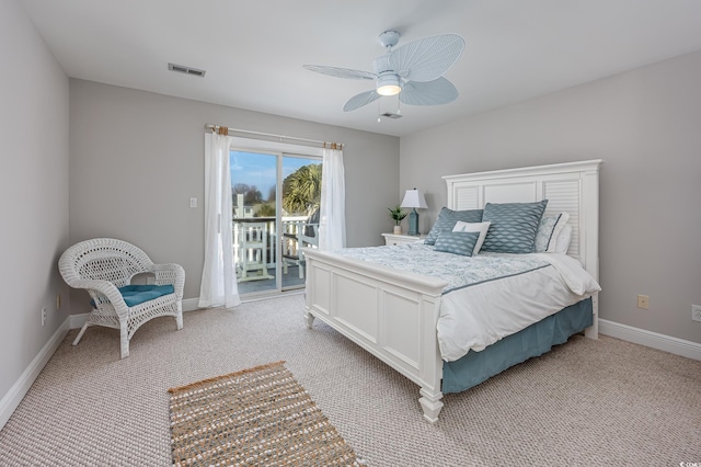 bedroom featuring ceiling fan, light carpet, and access to outside