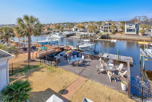 dock area with a deck with water view