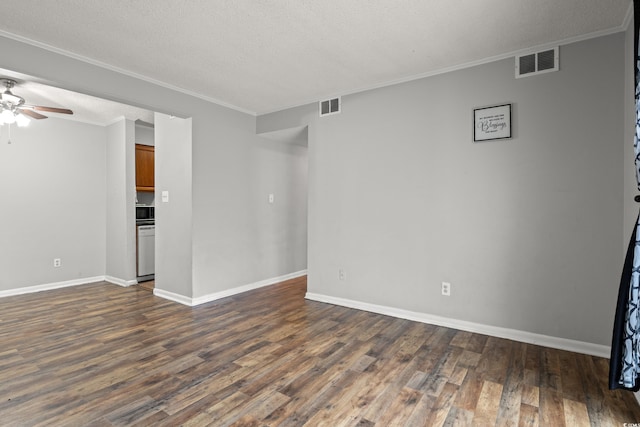 unfurnished room with ornamental molding, a textured ceiling, ceiling fan, and dark hardwood / wood-style flooring