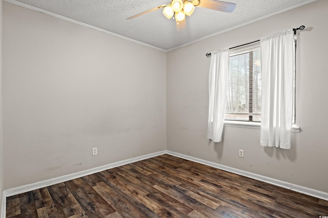 spare room with ceiling fan, crown molding, dark wood-type flooring, and a textured ceiling