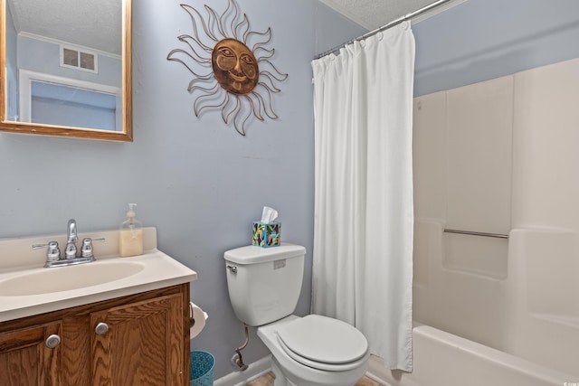 full bathroom with vanity, toilet, shower / tub combo, and a textured ceiling