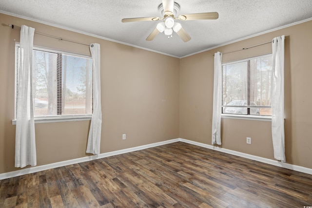 unfurnished room featuring ornamental molding, dark wood-type flooring, and a textured ceiling