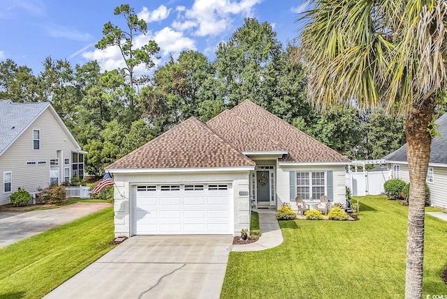 view of front of home with a garage and a front lawn