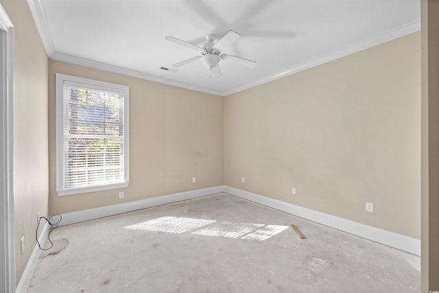 empty room with crown molding and ceiling fan