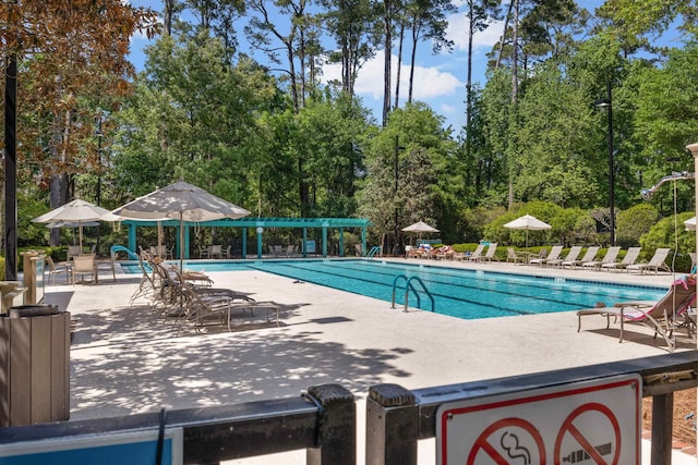 view of swimming pool featuring a patio area