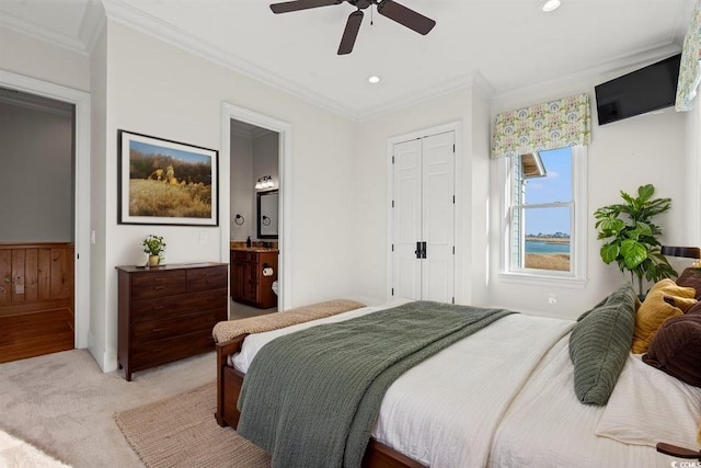 3567 Marion Ln, Murrells Inlet, SC 29576 - bedroom featuring crown molding, ensuite bath, light colored carpet, a ceiling fan, and recessed lighting