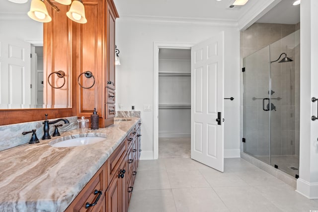3567 Marion Ln, Murrells Inlet, SC 29576 - full bath featuring a shower stall, crown molding, vanity, baseboards, and tile patterned flooring