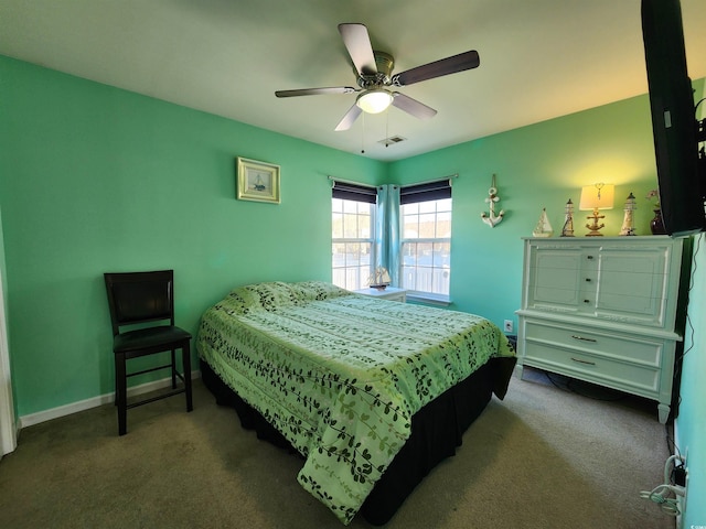 bedroom with ceiling fan and carpet flooring