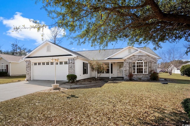 ranch-style house featuring a garage, a front lawn, concrete driveway, and brick siding