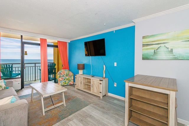 living room with hardwood / wood-style flooring, a water view, crown molding, and a textured ceiling