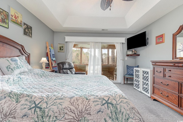 carpeted bedroom featuring a raised ceiling and access to exterior