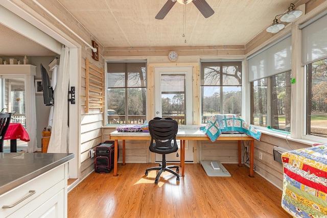 home office with plenty of natural light, wood walls, ceiling fan, and light wood-type flooring