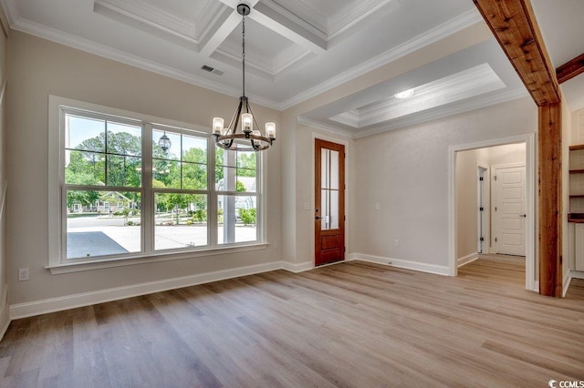 interior space with light wood finished floors, visible vents, a chandelier, coffered ceiling, and crown molding