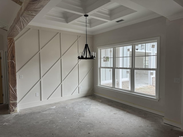 unfurnished dining area featuring coffered ceiling, a notable chandelier, crown molding, and beamed ceiling