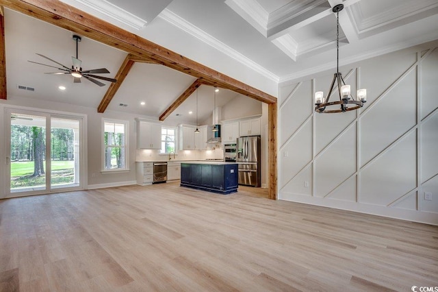 unfurnished living room featuring light wood-style flooring, visible vents, crown molding, and beam ceiling